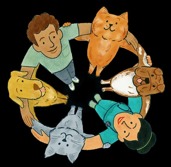 Illustration of a veterinarian, a hospital staff member, and four pets standing in a huddle