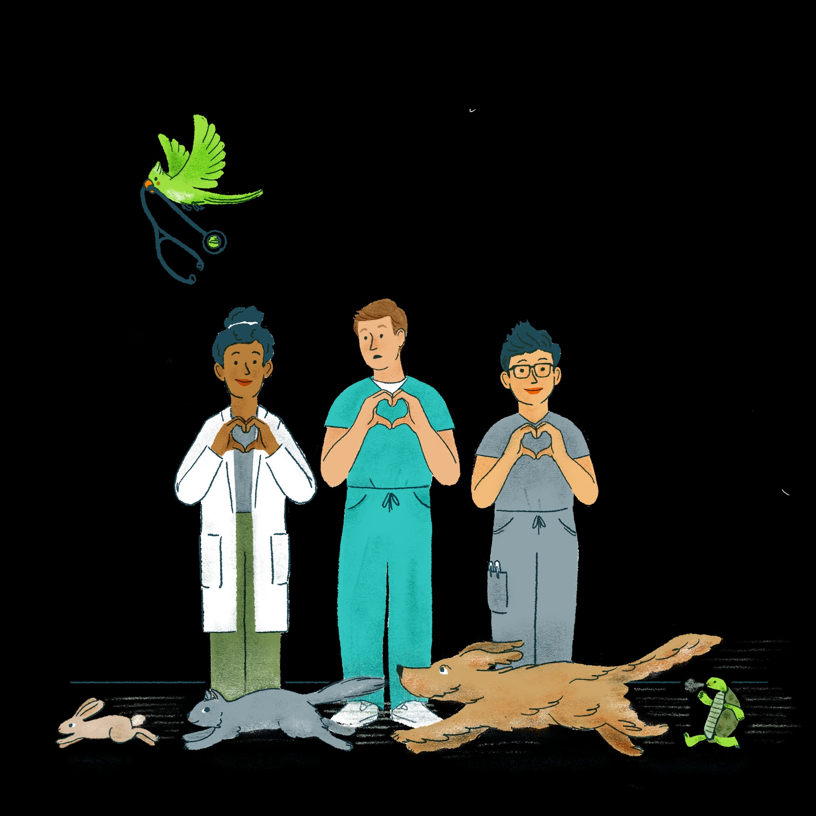 Three veterinary staff in a lab coat and scrubs making heart shapes with their hands while pets run past