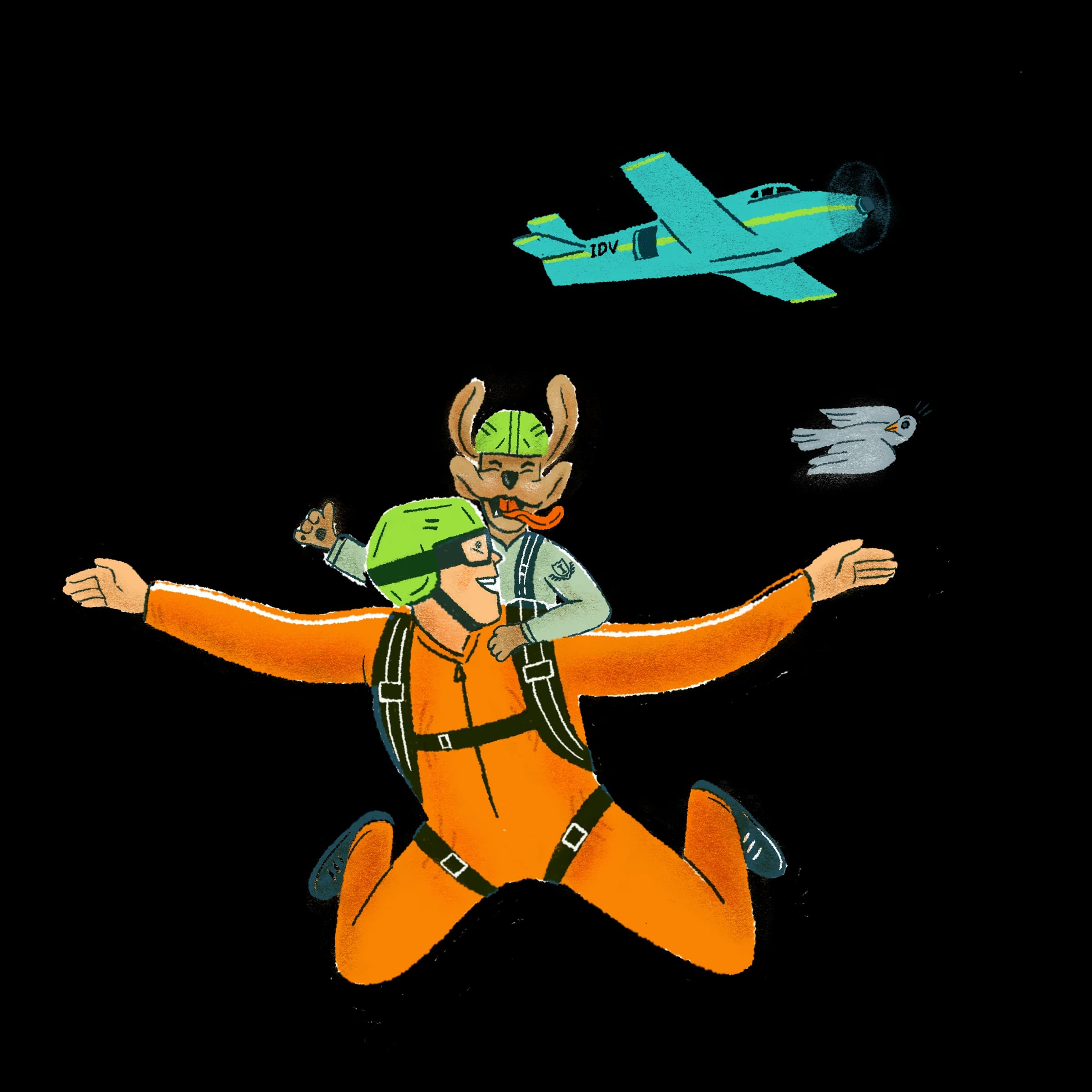 A veterinarian in an orange jumpsuit skydiving arm in arm with a grinning dog, a plane and a bird in the sky above